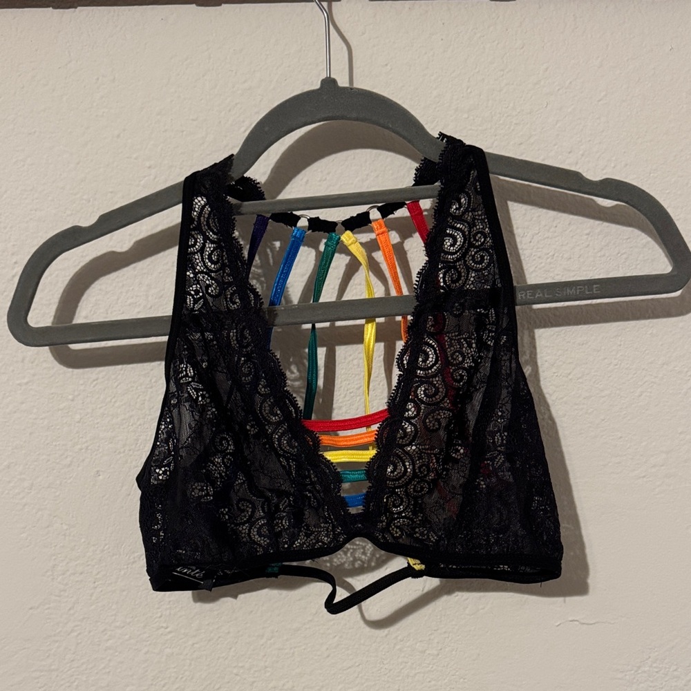 Black Lace Bralette with Multicolor Straps